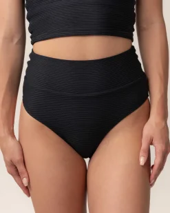 Black Flat Rib Mid Rise Bottom