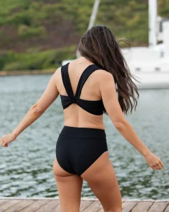 Black Flat Rib Mid Rise Bottom